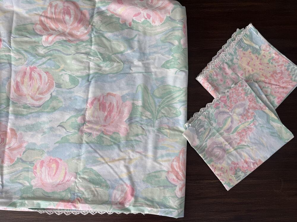 King Sheet Set Claude Monet Floral Waterlily Pastel Lace USA Atelier Martex VTG